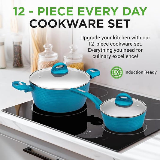 NutriChef 12-Piece Nonstick Kitchen Cookware Set - Easy to Clean, Fireproof Lacquer - Saucepot, Cooking Pots, Fry Pans, Utensils, Tempered Glass Lids - Light Gray/Green, Induction Ready