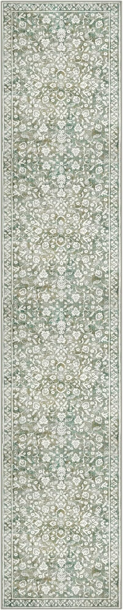 Vintage 2.6x12 Hallway Runner, Sage Green Beige Washable Non-Slip Long Hallway Carpet, Super Soft Kitchen Runner, Print Faux Wool Floral Thin Carpet for Entryway