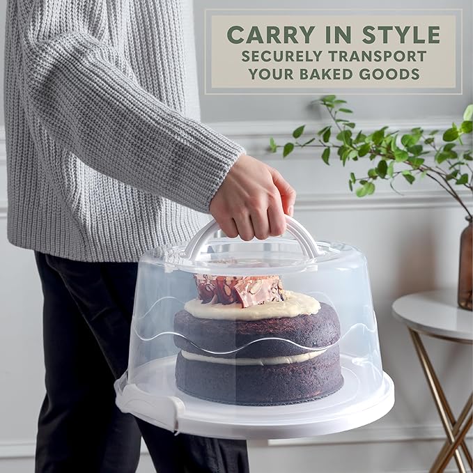 MosJos EXTRA LARGE Cake Carrier, Cake Stand with Lid and Foldable Handles - Multifunctional Serving Platter and Cake Plate - Cake Container with Dome and Strong Snaps 13 x 13 x 7 inch (White)