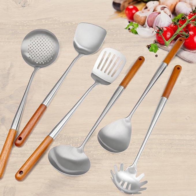 16.6 inch Stainless Steel Kitchen Utensils Set with Wood Handle, 6pcs Long Metal Cooking Utensils Set for Commercial Includes Wok Spatula, Ladle, Skimmer, Slotted Turner, Spoon