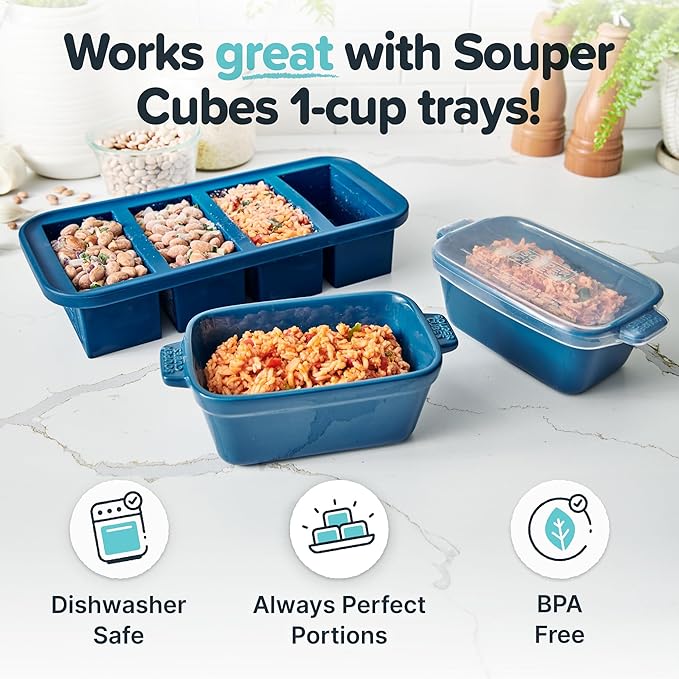 Souper Cubes Stoneware - Small Ceramic 5" x 3" Baking Dish with Silicone Covers, Small Baking Dishes for Oven Perfect for Reheating Single Serve Portions, Set of 4 - Blueberry