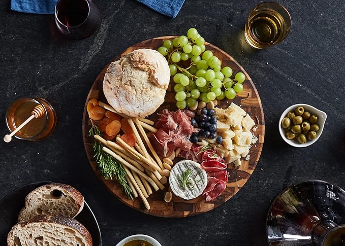 Sonder LA, End Grain Teak Wood Cutting Board 15" Round 1.5" Thick with Juice Groove and Built-in Handles, Charcuterie Serving Board (Gift Box Included)