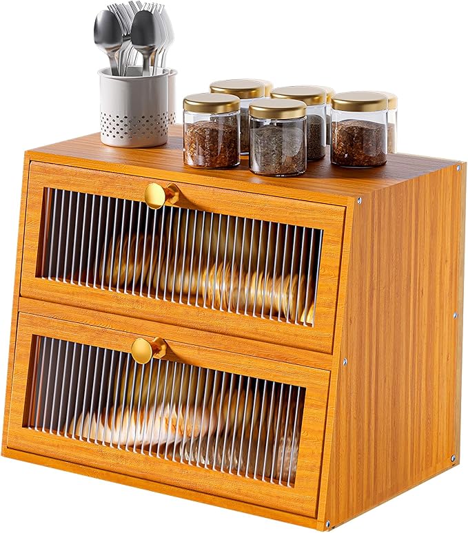 Pine Wooden Bread Box for Kitchen Countertop,Extra Large 2 Layer Breadbox Holder Farmhouse Bread Storage Container Bin Food Organizer Pantry Shelf Acrylic Window