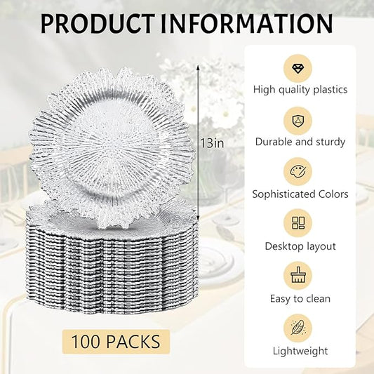 100 PCS Silver Charger Plates, 13" Vintage Decorative Table Plate, Ruffled Rim Plastic Reusable Dinner Charger Plates, for Wedding, Party, Table Setting