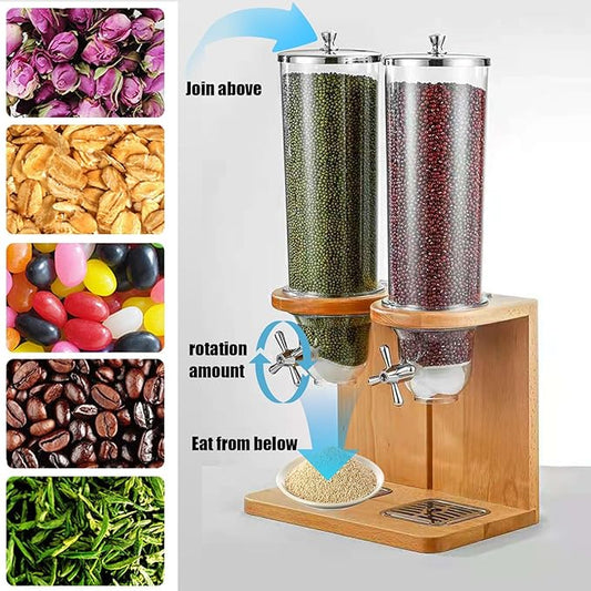 Dry Food Dispenser Countertop Cereal Container Storage Easy Clean Cereal Dispenser with PC Bucket and Wooden Base, Three Barrel