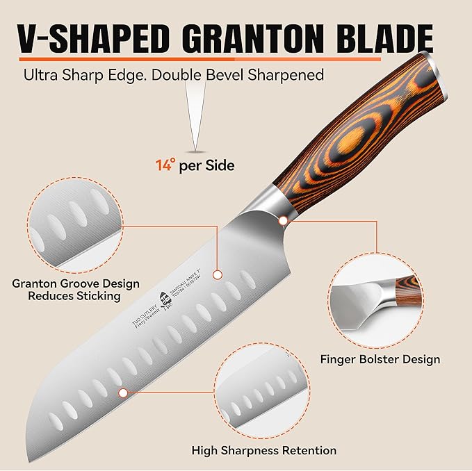 TUO Santoku Knife, 7 inch Japanese Chef Knife for Vegetable Chopping & Meat Dicing, High Carbon German Steel, Ergonomic Handle - Fiery Phoenix Series