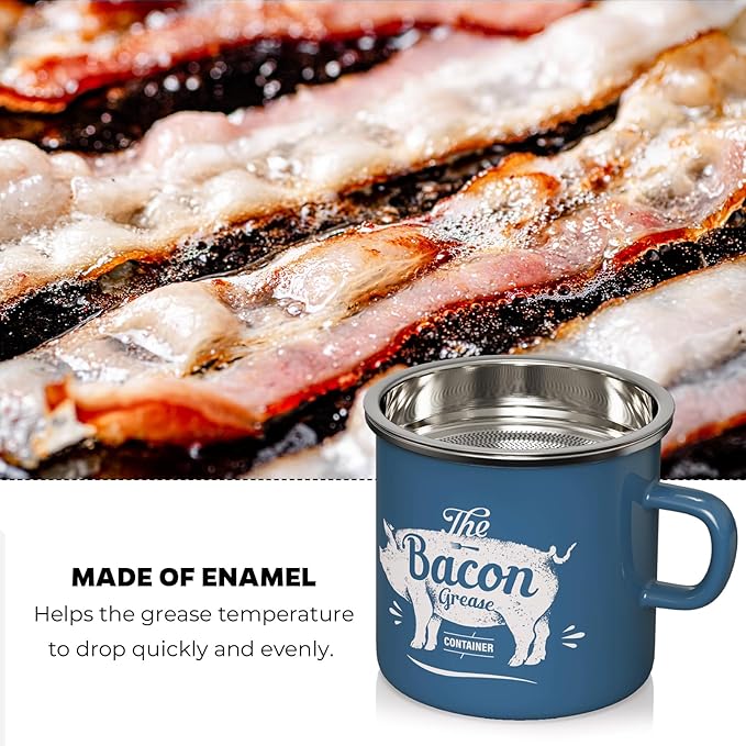 PGYARD Mini Bacon Grease Container With Strainer - 15OZ Enamel Grease Saver, Farmhouse Bacon Grease Keeper For Kitchen Fat Storage, Dishwasher Safe-Blue