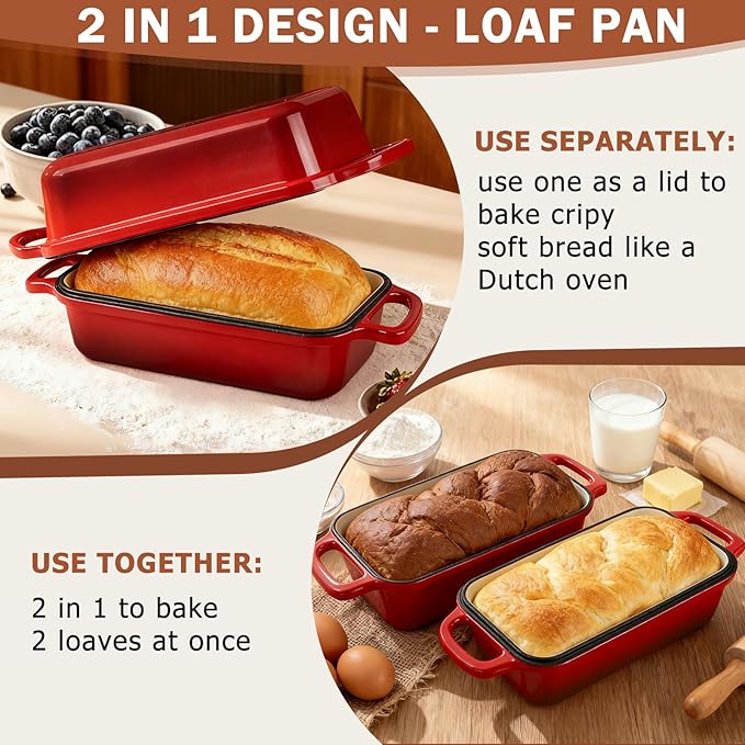 9 x 5 Inch Bread Pan Enameled Cast Iron Loaf Pan with Lid for Baking, 2 in 1 Non-stick Sourdough Bread Loaf Pan for Homemade Bread, Oven & Stovetop Safe for Gas, Electric & Induction, Red