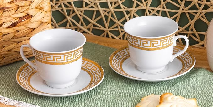 Porcelain Tea Cup and Saucer Set - 4 Piece Vintage Tea Set - White with Gold Greek Key Design - 5.5 Inch Saucers, 6.5 oz Cups - For TeaParties, Cappuccino, Home Decor (Meander Gold 3004, 4 Piece)
