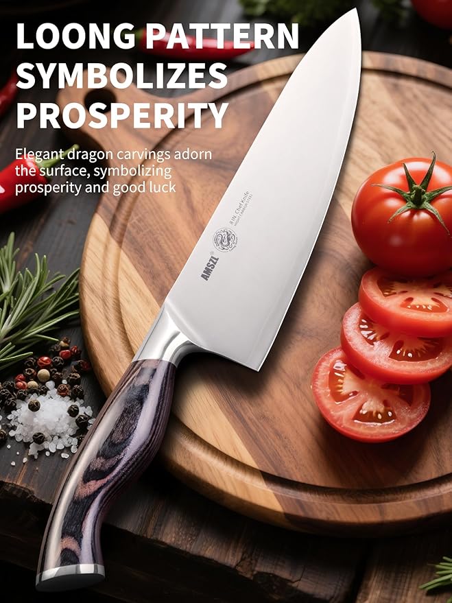 LOONG 8 inch Chef Knife, 9Cr18MoV High Carbon Steel Kitchen Knife, Ultra Sharp & Durable, Ergonomic Brown PakkaWood Handle