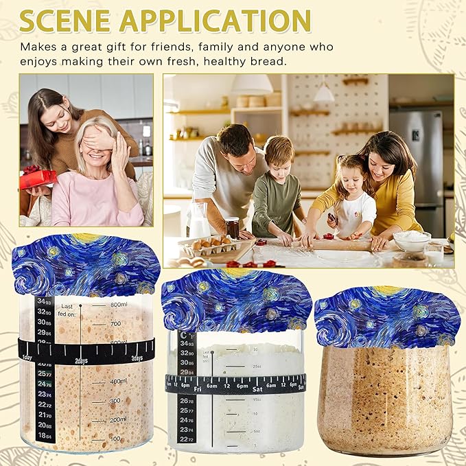 VinCent Van-Gogh Starry Night Sourdough Starter Jar Covers Reusable,Breathable Fabric Lids for Mason Jars,Wide Mouth and Regular Mouth(5 Pack)