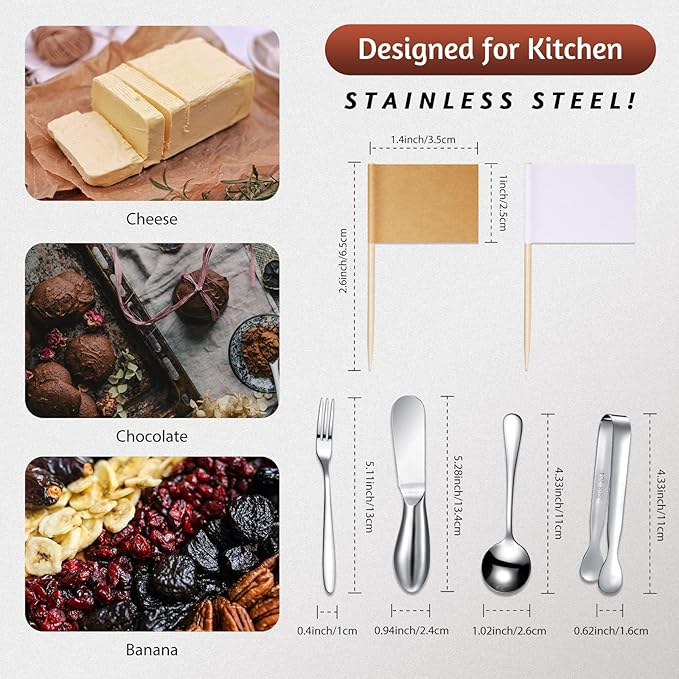 14 Pieces Charcuterie Board Accessories Cheese Spreader Knives Set Stainless Steel Charcuterie Utensils Spreader Knives Mini Serving Tongs Spoons and Forks for Cheese and Pastry Making(Silver)