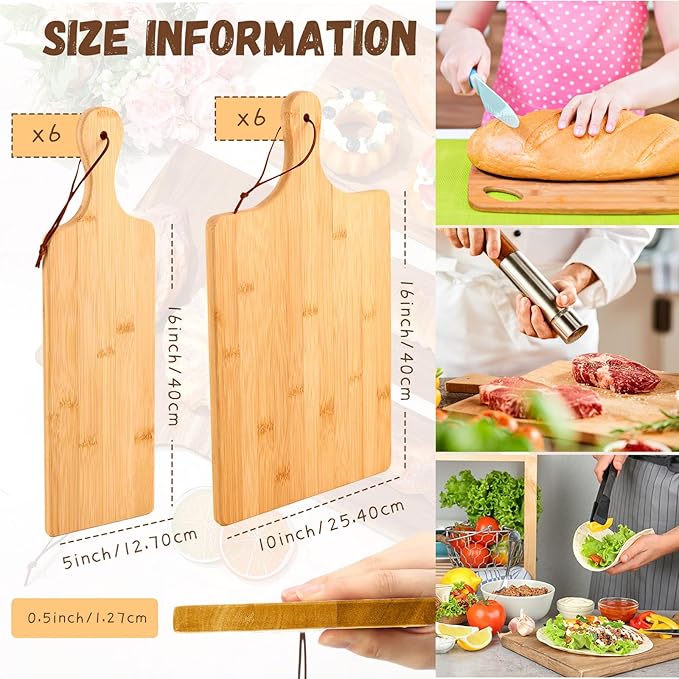 Tanlade 12 Pcs Wood Cutting Board Set Cutting Board with Handle Chopping Serving Board Butcher Cutting Block for Valentines Mother's Day Wedding Housewarming Gift, 16'' x 10'', 16'' x 5'' (Bamboo)