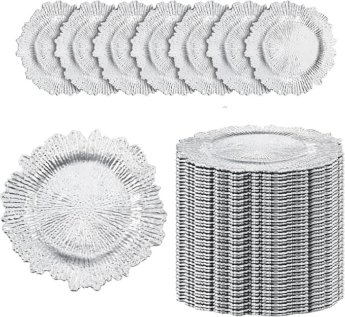 100 PCS Silver Charger Plates, 13" Vintage Decorative Table Plate, Ruffled Rim Plastic Reusable Dinner Charger Plates, for Wedding, Party, Table Setting