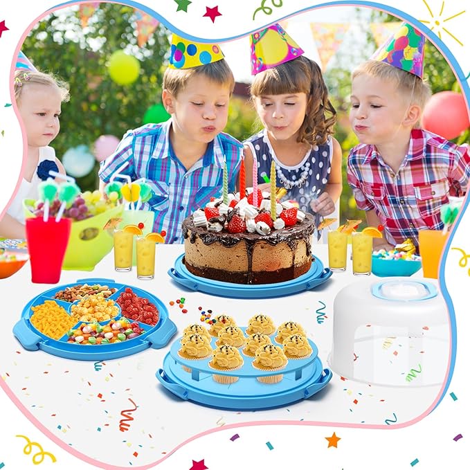 Coolrunner Cake Carrier with Lid and Handle 11inch Round Cake Carrier Portable Cake Stand Plastic Pie Carrier Cake Storage Container for Transport Cakes, Pies (Blue)