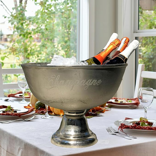 WHW Whole House Worlds Luxury Champagne Bucket with Old World Panache, Elegant Script Text Details, Hand Cast of Silver Aluminum, Pedestal Base, Party Sized, 18.5 Inches Diameter, 13.5 Inches Tall