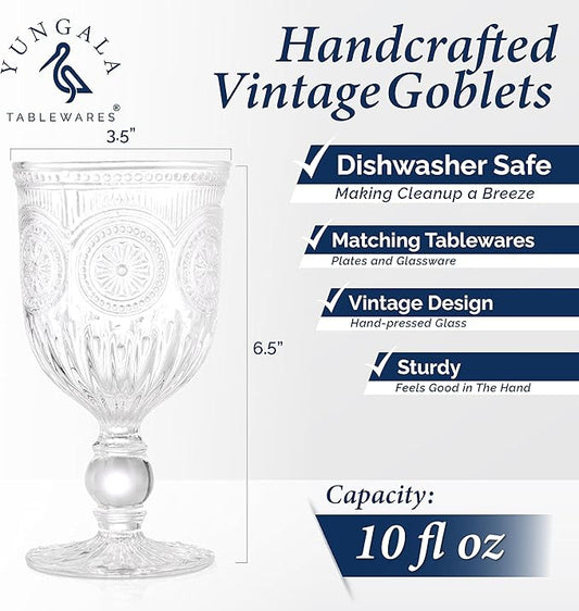 Yungala Vintage Wine Glasses,Set of 6 Glass Goblets for Water, Wine or Cocktails - Fancy Wine Glasses with a retro vibe. Sunflower Embossed Design on sturdy dishwasher-safe glasses.