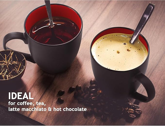 MIAMIO - Set of 6 Stoneware Coffee Mugs 12 Ounce/Cup Set - Le Papillon Collection (Black-Red)