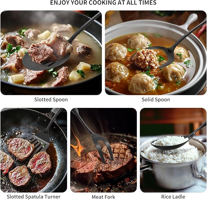 304 Stainless Steel Kitchen Cooking Utensils Set - 9 PCS Serving Utensils, Include Skimmer, Soup Ladle, Spaghetti Server, Wok Spatula, Slotted & Solid Spoon, Slotted Spatula Turner, Meat Fork (Black)