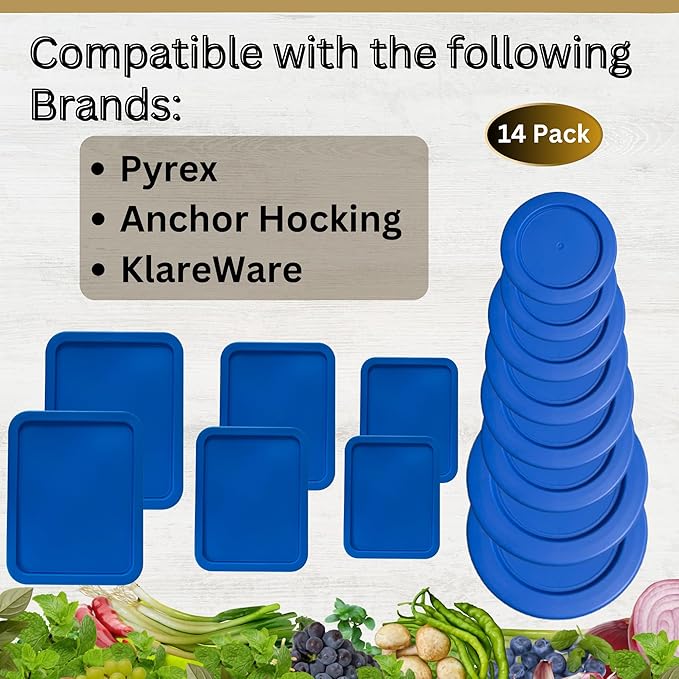 1, 2, 4 & 7 Cup Blue Round & 3, 6, 11 Cup Blue Rectangle Replacement Lids/Covers for Pyrex, Anchor Hocking & KlareWare Storage Bowls *Lids Only -Glass Container Not Included*, 14 Pack *2 of Each Size*
