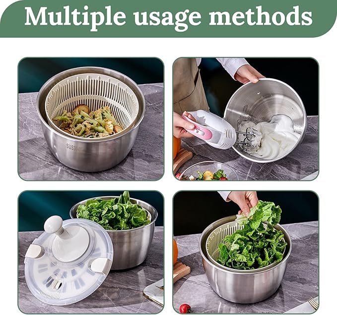 Salad Spinner 5L Dual Layer Stainless Steel & PP Lettuce Spinner with Lid & Rotating Handle Multi-Purpose Quick Dry Fruit and Vegetable Wash for Kitchen, Salad, Lettuce