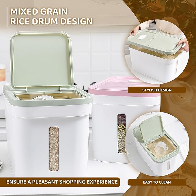 22lbs Large rice storage container Container with Lid Barrel Household Rice Box Airtight Flour Dispenser with Lids for Pet/Cat/Dog Food Storage Container BPA Free,Pink 22 * 38 * 23 cm