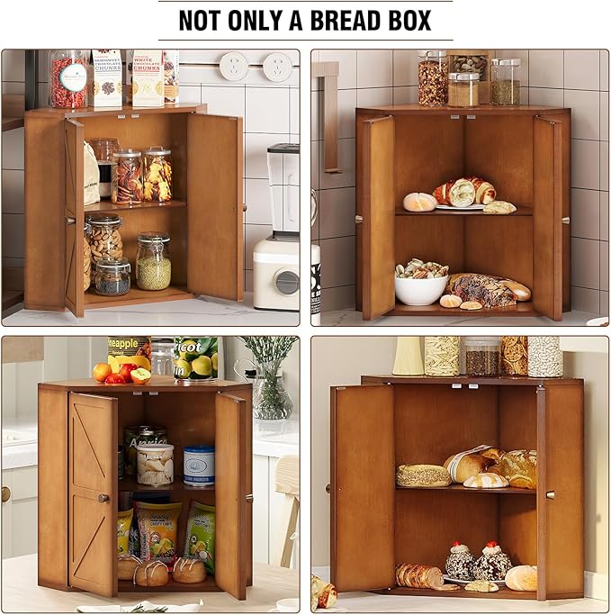 Corner Bread Box for Kitchen Counter Double Layer Bamboo Bread Storage Container Large Capacity Bread Storage Bin Farmhouse Breadbox Organizer (Antique Brown)