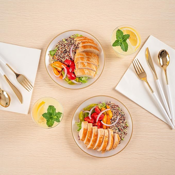 Restaurantware Plastic Plates 100 Pcs 7.25" Gold Rimmed Disposable Plates Heavy-Duty White Translucent Rippled Plastic Dinner Servers for Party, Weddings, Salads, Desserts, and Appetizers