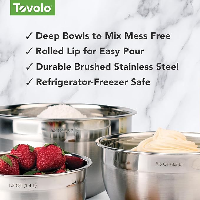 Tovolo Stainless Steel Mixing Bowls, Set of 4 - Metal Nesting Mixing Bowl Set with Rounded Lip for Easy Pour & Minimal Mess - Large & Small Dishwasher Safe Kitchen Supplies for Prep & Cooking
