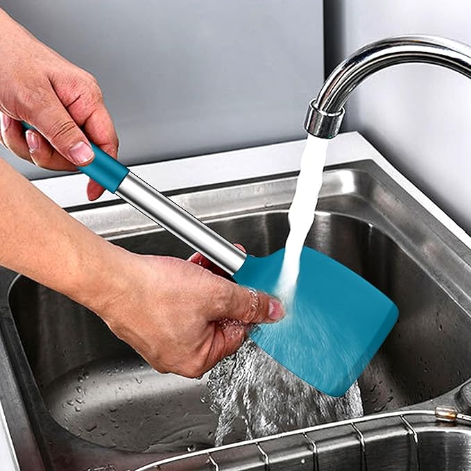 LIANYU Silicone Kitchen Cooking Utensils Set, 6Pcs Heat Resistant Kitchen Tools Spatula for Nonstick Cookware, Slotted Turner, Spoon, Soup Ladle, Pasta Server, Skimmer, Tongs, Blue