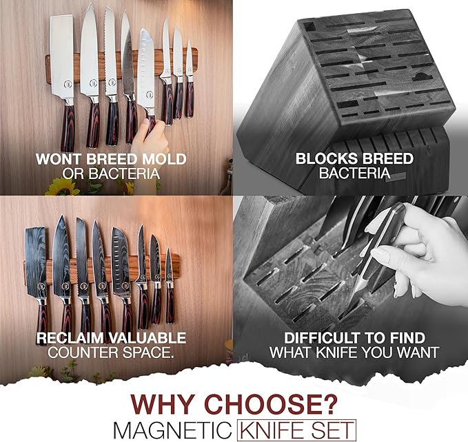 8 PC Chef Knives - High Carbon Stainless Steel Knives With Pakkawood Handles - Magnetic Strip Holder Included - Japanese Knife Set - Home & Professional Chef's Knife Set