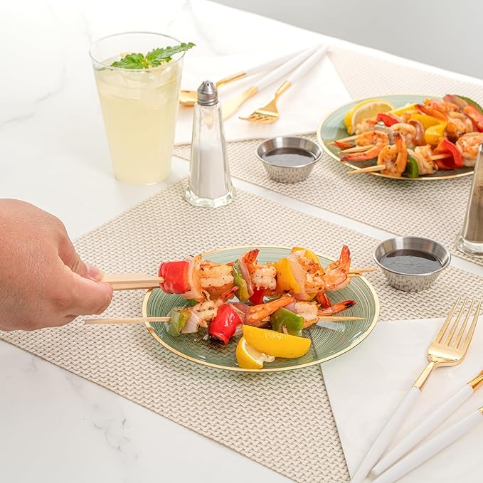 Restaurantware Plastic Plates 20 Pcs 7.25" Gold Rimmed Disposable Plates Heavy-Duty Green Translucent Rippled Plastic Dinner Servers for Party, Weddings, Salads, Desserts, and Appetizers