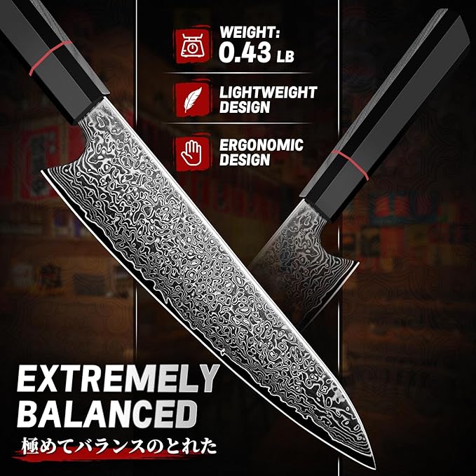 TIVOLI Damascus Chef Knife 8 inch,Japanese Hand Forged High Carbon Kitchen Knife With Octagonal Handle,Ultra Sharp Professional Cooking Knife With Premium Gift Box for Slicing, Dicing,Chopping