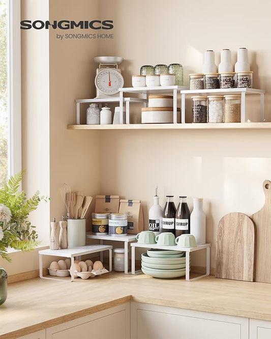 SONGMICS Cabinet Organizer Shelf, Set of 3 Kitchen Counter Shelves, Kitchen Storage, Spice Rack, Stackable, Expandable, Snow White and Matte White UKCS220W01