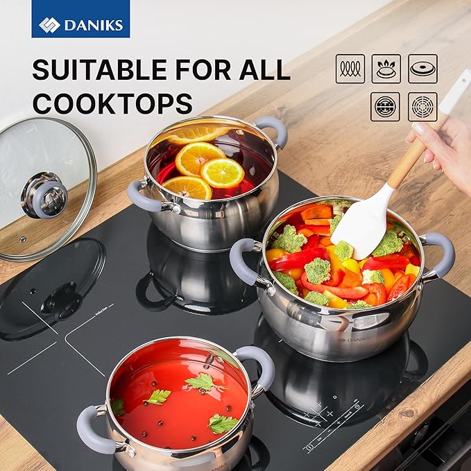 Daniks Modern 6-Piece Stainless Steel Induction Cookware Set – Dishwasher Safe Pots with Heatproof Handles, Glass Lids, Silver