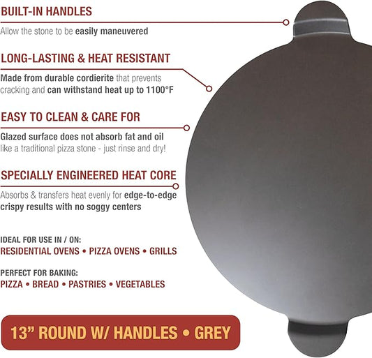 Old Stone Pizza Kitchen Glazed Round Pizza Stone with Handles for Oven and Grill, 13 inch