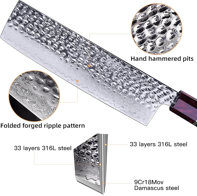 FINDKING 7 Inch Japanese Nakiri Knife with ABS sheath, Professional Vegetable Cleaver, Damascus Steel Blade, Resin Octagonal Handle, for Shredding, Slicing, Mincing (Eternity Series)
