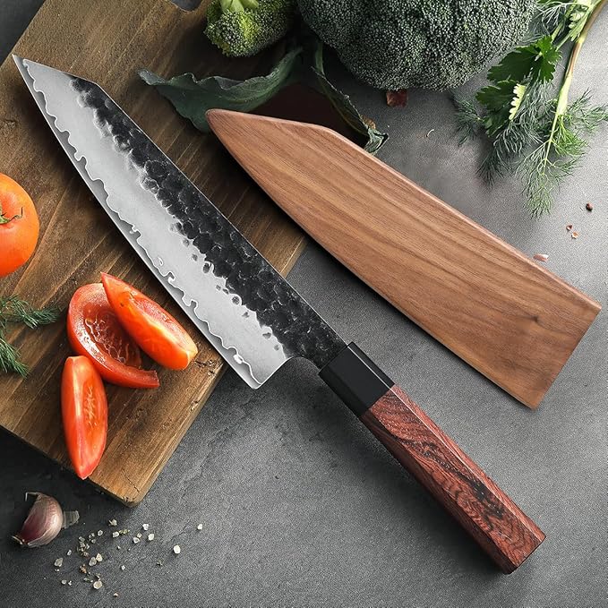 HEZHEN- 8.5” Chef Knife, 3 Layers High Carbon Clad Steel Kiritsuke Knife, Composite Forging Steel, Professional Japanese Kitchen Knife, Redwood Octagonal Handle With Wooden Knife Sheath