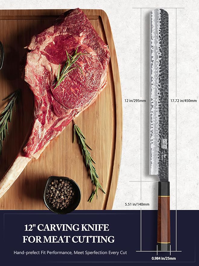 12 Inch Brisket Slicing Knife, Japanese Carving Knife for Meat Cutting and BBQ, Hand Forged Razor Sharp Slicing Knives with Ergonomic Octagonal Handle