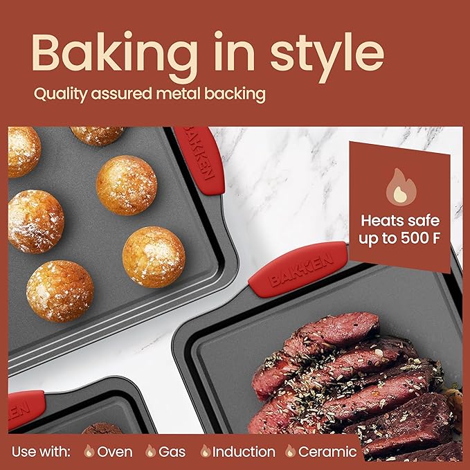 6-Piece Nonstick Gray Marble Coated Bakeware Set - Professional Quality Carbon Steel Pans with Silicone Handles - Ideal for Oven, Refrigerator, Freezer - Dishwasher Safe