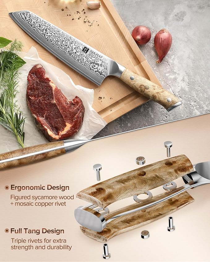 XINZUO Damascus 8.3 Inch Kiritsuke Chef Knife,Hand Forged High Carbon Steel Sharp Kitchen Cutting Knife,Comfortable Ergonomic Full Tang Figured Sycamore Wood Handle