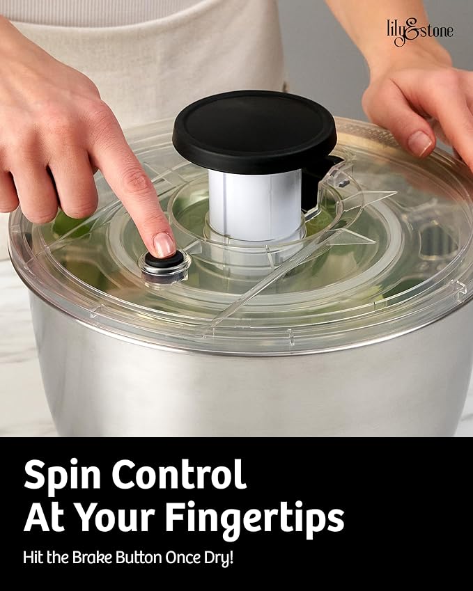 lily&stone Large Stainless Steel Pump Salad Spinner with Drain, Bowl, and Colander - Quick and Easy Multi-Use Lettuce Spinner, Vegetable Dryer, Fruit Washer, Pasta and Fries Spinner - 6.33 Qt