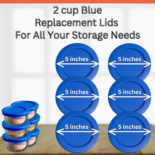 2 Cup/470 mL Blue Replacement Lids/Covers for Pyrex 7200-PC, 2 Cup/16oz Anchor Hocking & Klare Ware Storage Bowls *Lids Only* - *Glass Container Not Included* (6 Pack, Blue)