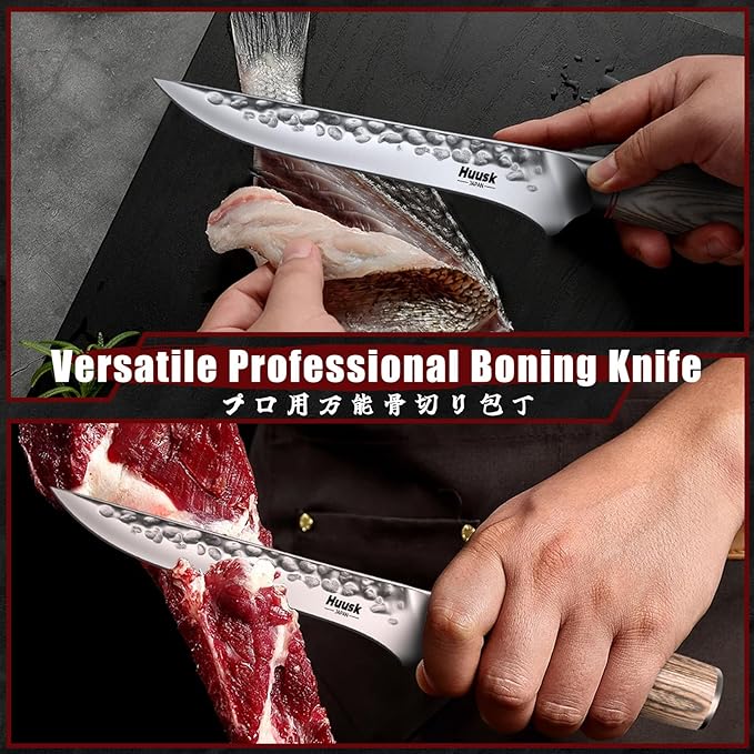 Huusk Kitchen Knife Set 3pcs - Japanese Nakiri Vegetable Knife, Meat Cleaver Boning Knife for Meat Cutting, Hand Forged Butcher Chef Knives Set for Kitchen Home Cooking, Father's Day Gifts for Men