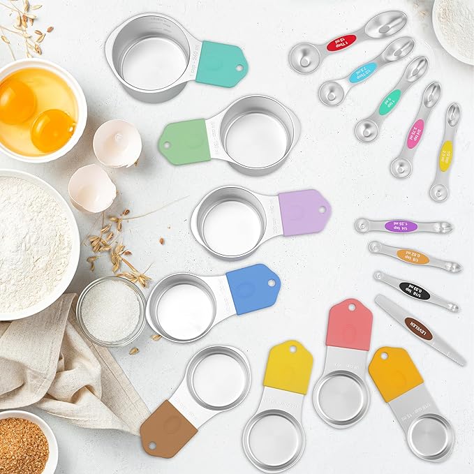 Magnetic Measuring Cups and Spoons Set of 17 - Stackable Stainless Steel Magnetic Measuring Spoons Set with Leveler - Dual Marking Scale Measuring Cup for Dry and Liquid Ingredients, Baking & Cooking