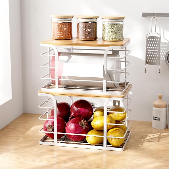 2 Pack Extra Large Stackable Pantry Organizer,Wall Mount Garbage Bag Holder Dispenser with Bamboo Top for Kitchen Laundry Room Organization,White