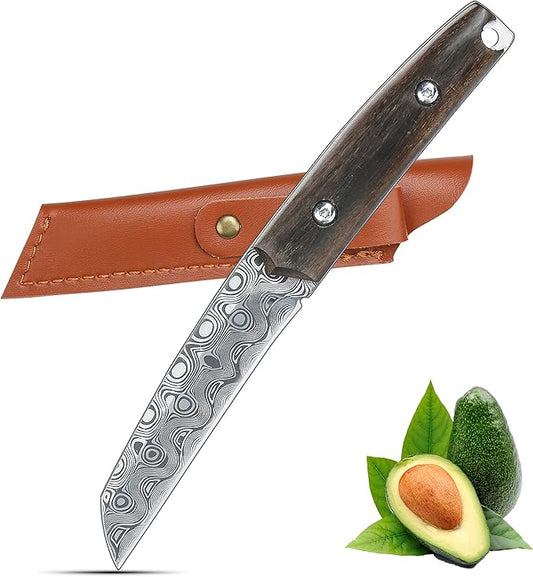 WILDMOK Paring knives Stainless Steel 3.2 Inch Utility Knife Full Tang Fruit Vegetable Cutting Carving Kitchen Knife with Leather Case (A)