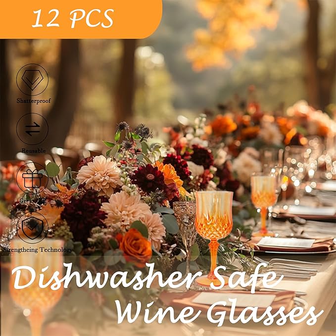 Plastic Wine Glasses,Plastic Goblets Vintage Style Cordial Drinking Glasses for Wedding Reception, Halloween Grand Event Party Supplies (12, Pumpkin orange)