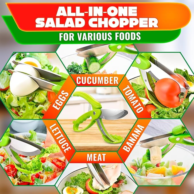 Salad Scissors for Chopped Salad – Multiblade Food Scissor Chopper With Spring-Loaded System & Anti-Slash Head for Fast Double Cutting – 8.9" Handy Size Lettuce Chopper, Stainless Steel Blades