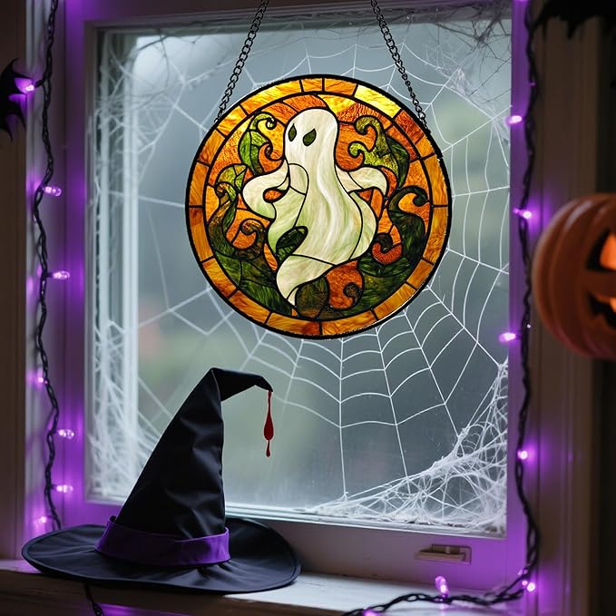 Stained Glass Window Hanging - Halloween Decorations Retro White Ghost Evil Spirit Suncatcher for Doors Garden Spooky Sun Catchers Gothic Decor Horror Gifts for Women Men Friend Boy 11.8 in